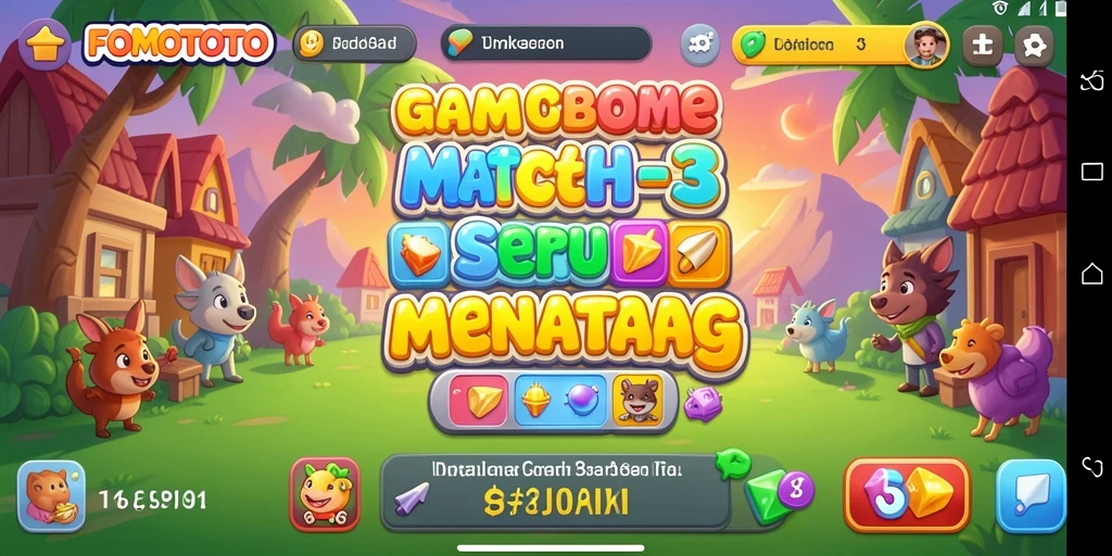 Screenshot gameplay FOMOTOTO dengan aktivitas mencocokkan permata yang seru.