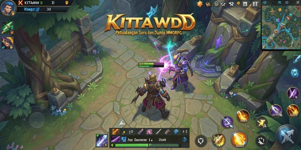 Tangkapan layar gameplay <strong>KITAWD</strong> dengan karakter bertarung dalam dunia fantasi.