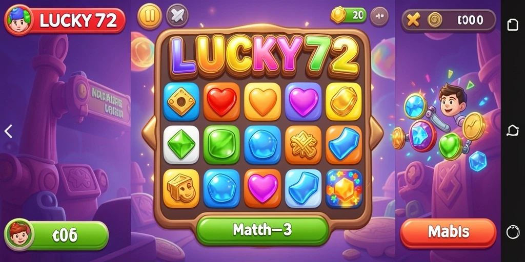 Screenshot gameplay LUCKY72 menampilkan aksi Match-3 yang seru.