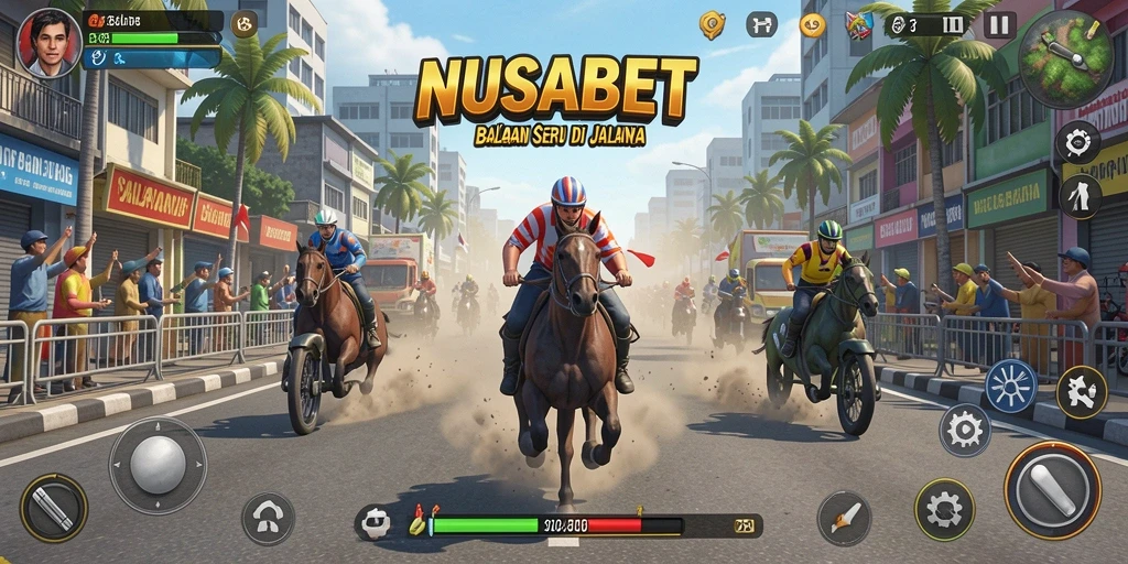 Screenshot gameplay NUSABET yang menampilkan balapan seru di jalanan.