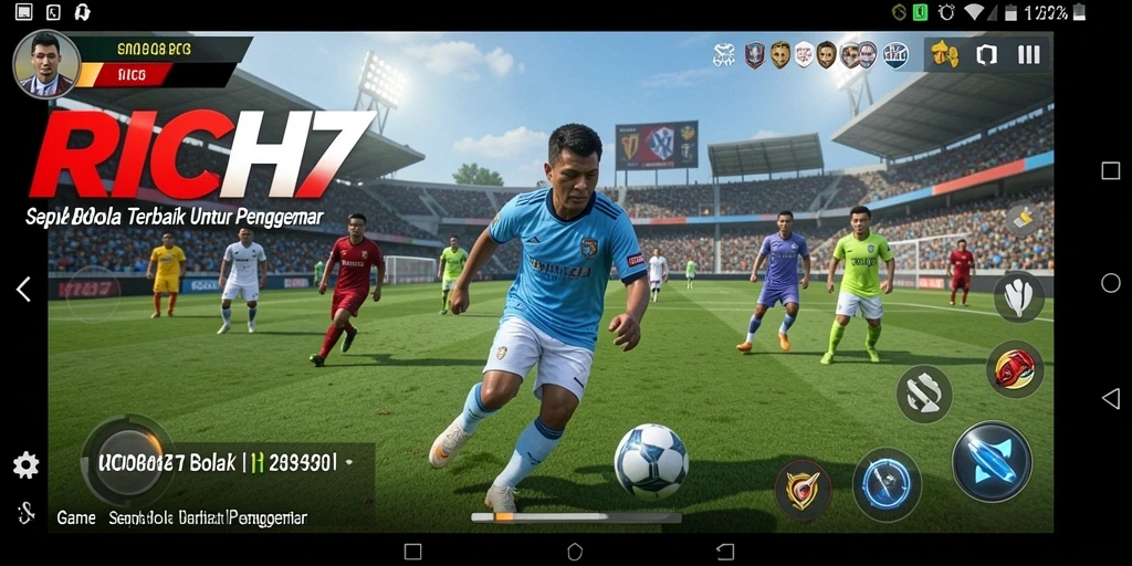 Tangkapan layar utama RICH7 menampilkan aksi pertandingan sepak bola yang mendebarkan.