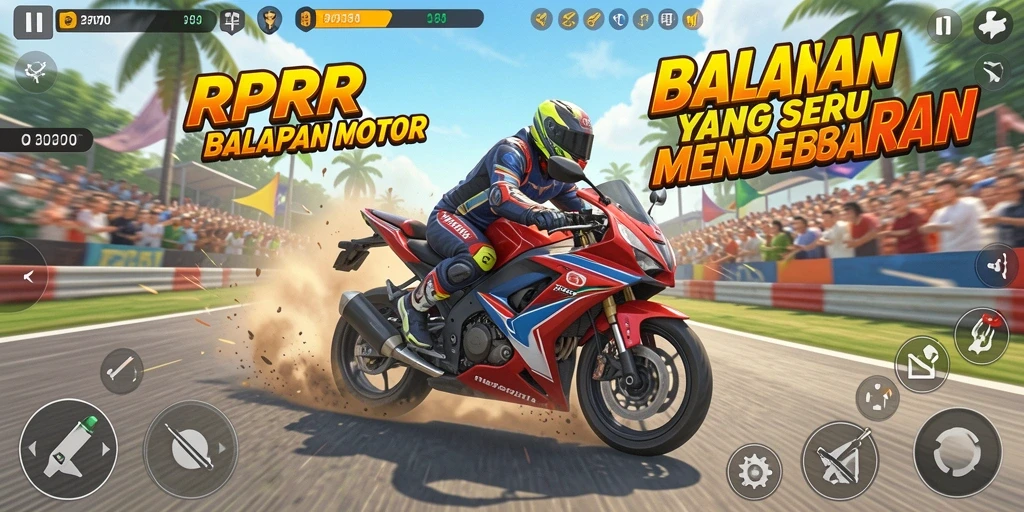 Screenshot RPRR menampilkan aksi balapan motor yang mendebarkan.