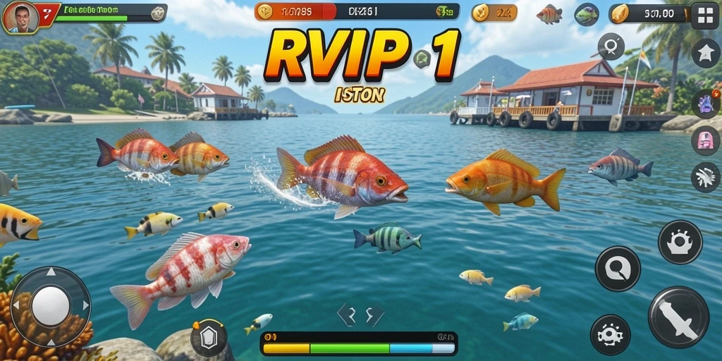 Screenshot utama RVIP1 menampilkan aksi menembak ikan yang seru.