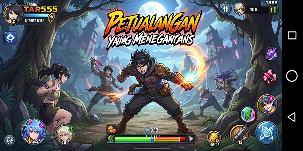 Tampilan gameplay TAR555 dengan karakter anime yang dinamis dan pertarungan seru.